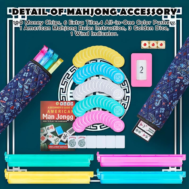 Taikula New American Mahjong Game Set, 166 Premium White Tiles with Portable Metal Dices, 4 All-in-One Racks with Pushers, Mah-Jong Games Sets, Ma Jong Tile Game (Blue) - Image 3